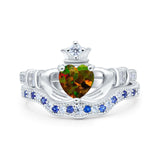 Claddagh Accent Heart Wedding Bridal Set Piece Ring Band Round Blue Sapphire Simulated Cubic Zirconia 925 Sterling Silver