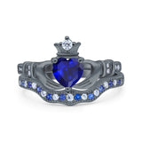 Claddagh Accent Heart Wedding Bridal Set Piece Ring Band Round Blue Sapphire Simulated Cubic Zirconia 925 Sterling Silver