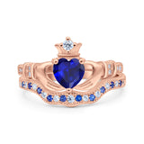 Claddagh Accent Heart Wedding Bridal Set Piece Ring Band Round Blue Sapphire Simulated Cubic Zirconia 925 Sterling Silver