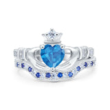 Claddagh Accent Heart Wedding Bridal Set Piece Ring Band Round Blue Sapphire Simulated Cubic Zirconia 925 Sterling Silver