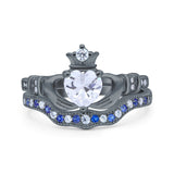 Claddagh Accent Heart Wedding Bridal Set Piece Ring Band Round Blue Sapphire Simulated Cubic Zirconia 925 Sterling Silver