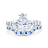 Claddagh Accent Heart Wedding Bridal Set Piece Ring Band Round Blue Sapphire Simulated Cubic Zirconia 925 Sterling Silver