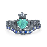 Claddagh Accent Heart Wedding Bridal Set Piece Ring Band Round Blue Sapphire Simulated Cubic Zirconia 925 Sterling Silver