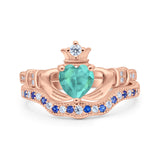 Claddagh Accent Heart Wedding Bridal Set Piece Ring Band Round Blue Sapphire Simulated Cubic Zirconia 925 Sterling Silver