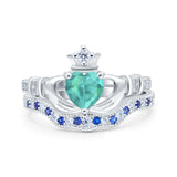 Claddagh Accent Heart Wedding Bridal Set Piece Ring Band Round Blue Sapphire Simulated Cubic Zirconia 925 Sterling Silver
