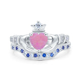 Claddagh Accent Heart Wedding Bridal Set Piece Ring Band Round Blue Sapphire Simulated Cubic Zirconia 925 Sterling Silver