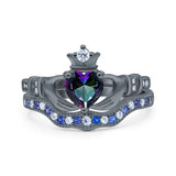 Claddagh Accent Heart Wedding Bridal Set Piece Ring Band Round Blue Sapphire Simulated Cubic Zirconia 925 Sterling Silver