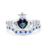 Claddagh Accent Heart Wedding Bridal Set Piece Ring Band Round Blue Sapphire Simulated Cubic Zirconia 925 Sterling Silver