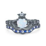 Claddagh Accent Heart Wedding Bridal Set Piece Ring Band Round Blue Sapphire Simulated Cubic Zirconia 925 Sterling Silver