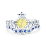 Claddagh Accent Heart Wedding Bridal Set Piece Ring Band Round Blue Sapphire Simulated Cubic Zirconia 925 Sterling Silver