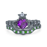 Claddagh Accent Heart Wedding Bridal Set Piece Ring Band Round Green Emerald Simulated Cubic Zirconia 925 Sterling Silver