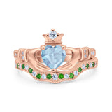 Claddagh Accent Heart Wedding Bridal Set Piece Ring Band Round Green Emerald Simulated Cubic Zirconia 925 Sterling Silver