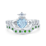 Claddagh Accent Heart Wedding Bridal Set Piece Ring Band Round Green Emerald Simulated Cubic Zirconia 925 Sterling Silver