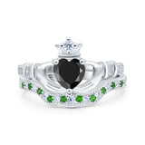 Claddagh Accent Heart Wedding Bridal Set Piece Ring Band Round Green Emerald Simulated Cubic Zirconia 925 Sterling Silver