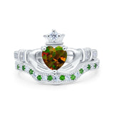 Claddagh Accent Heart Wedding Bridal Set Piece Ring Band Round Green Emerald Simulated Cubic Zirconia 925 Sterling Silver
