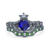 Claddagh Accent Heart Wedding Bridal Set Piece Ring Band Round Green Emerald Simulated Cubic Zirconia 925 Sterling Silver