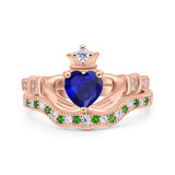 Claddagh Accent Heart Wedding Bridal Set Piece Ring Band Round Green Emerald Simulated Cubic Zirconia 925 Sterling Silver