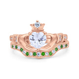 Claddagh Accent Heart Wedding Bridal Set Piece Ring Band Round Green Emerald Simulated Cubic Zirconia 925 Sterling Silver