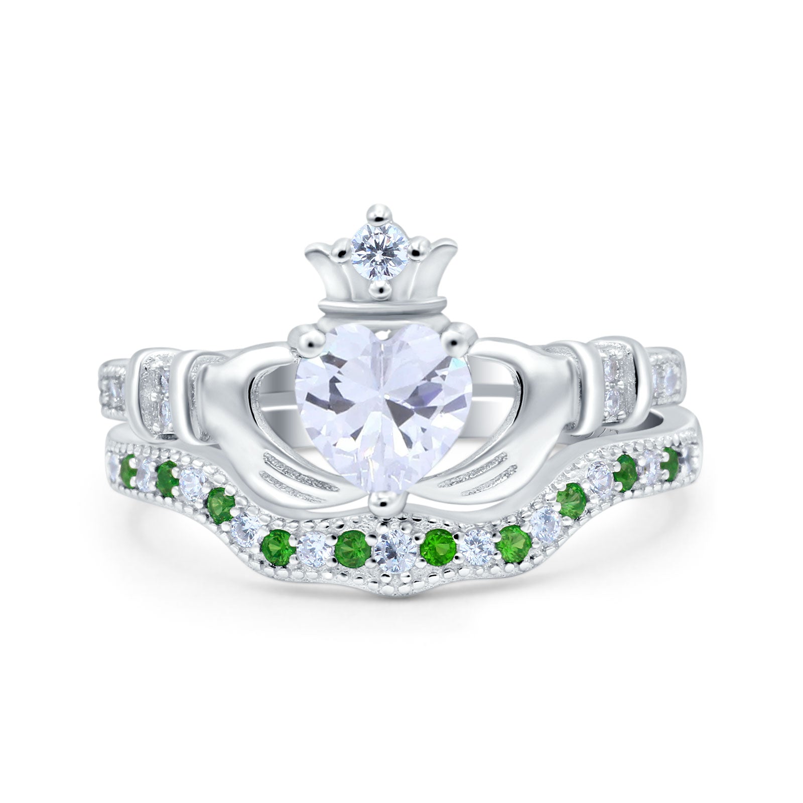 Claddagh Accent Heart Wedding Bridal Set Piece Ring Band Round Green Emerald Simulated Cubic Zirconia 925 Sterling Silver