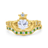 Claddagh Accent Heart Wedding Bridal Set Piece Ring Band Round Green Emerald Simulated Cubic Zirconia 925 Sterling Silver