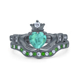 Claddagh Accent Heart Wedding Bridal Set Piece Ring Band Round Green Emerald Simulated Cubic Zirconia 925 Sterling Silver