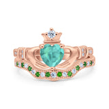Claddagh Accent Heart Wedding Bridal Set Piece Ring Band Round Green Emerald Simulated Cubic Zirconia 925 Sterling Silver