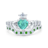 Claddagh Accent Heart Wedding Bridal Set Piece Ring Band Round Green Emerald Simulated Cubic Zirconia 925 Sterling Silver