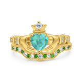 Claddagh Accent Heart Wedding Bridal Set Piece Ring Band Round Green Emerald Simulated Cubic Zirconia 925 Sterling Silver