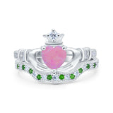 Claddagh Accent Heart Wedding Bridal Set Piece Ring Band Round Green Emerald Simulated Cubic Zirconia 925 Sterling Silver