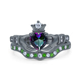 Claddagh Accent Heart Wedding Bridal Set Piece Ring Band Round Green Emerald Simulated Cubic Zirconia 925 Sterling Silver