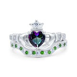 Claddagh Accent Heart Wedding Bridal Set Piece Ring Band Round Green Emerald Simulated Cubic Zirconia 925 Sterling Silver