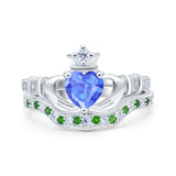 Claddagh Accent Heart Wedding Bridal Set Piece Ring Band Round Green Emerald Simulated Cubic Zirconia 925 Sterling Silver
