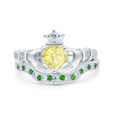 Claddagh Accent Heart Wedding Bridal Set Piece Ring Band Round Green Emerald Simulated Cubic Zirconia 925 Sterling Silver