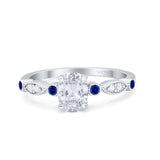 Vintage Style Oval Bridal Wedding Engagement Ring Round Blue Sapphire Simulated Cubic Zirconia 925 Sterling Silver