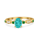 Vintage Style Oval Bridal Wedding Engagement Ring Round Green Emerald Simulated Cubic Zirconia 925 Sterling Silver