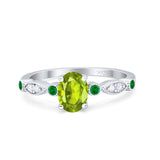 Vintage Style Oval Bridal Wedding Engagement Ring Round Green Emerald Simulated Cubic Zirconia 925 Sterling Silver