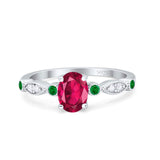 Vintage Style Oval Bridal Wedding Engagement Ring Round Green Emerald Simulated Cubic Zirconia 925 Sterling Silver