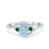 Three Stone Engagement Ring Oval Cut Round Simulated Green Emerald Cubic Zirconia 925 Sterling Silver