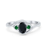 Three Stone Engagement Ring Oval Cut Round Simulated Green Emerald Cubic Zirconia 925 Sterling Silver