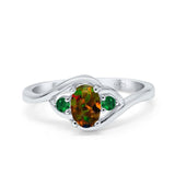 Three Stone Engagement Ring Oval Cut Round Simulated Green Emerald Cubic Zirconia 925 Sterling Silver