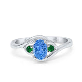 Three Stone Engagement Ring Oval Cut Round Simulated Green Emerald Cubic Zirconia 925 Sterling Silver