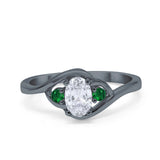 Three Stone Engagement Ring Oval Cut Round Simulated Green Emerald Cubic Zirconia 925 Sterling Silver