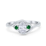 Three Stone Engagement Ring Oval Cut Round Simulated Green Emerald Cubic Zirconia 925 Sterling Silver