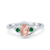 Three Stone Engagement Ring Oval Cut Round Simulated Green Emerald Cubic Zirconia 925 Sterling Silver