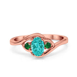 Three Stone Engagement Ring Oval Cut Round Simulated Green Emerald Cubic Zirconia 925 Sterling Silver