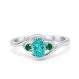 Three Stone Engagement Ring Oval Cut Round Simulated Green Emerald Cubic Zirconia 925 Sterling Silver