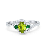 Three Stone Engagement Ring Oval Cut Round Simulated Green Emerald Cubic Zirconia 925 Sterling Silver