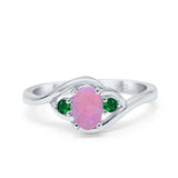 Three Stone Engagement Ring Oval Cut Round Simulated Green Emerald Cubic Zirconia 925 Sterling Silver