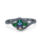 Three Stone Engagement Ring Oval Cut Round Simulated Green Emerald Cubic Zirconia 925 Sterling Silver