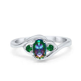 Three Stone Engagement Ring Oval Cut Round Simulated Green Emerald Cubic Zirconia 925 Sterling Silver
